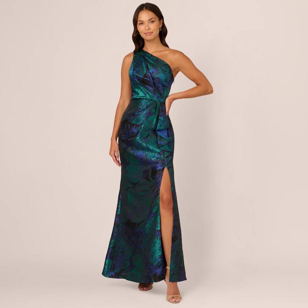 Adrianna Papell One Shoulder Jacquard Mermaid Gown Drape Detail Cobalt Green *8 - Picture 3 of 13